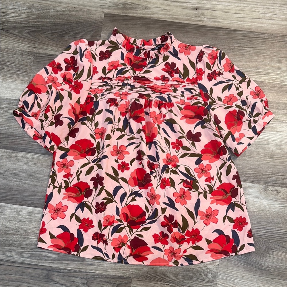 Pretty Garden Floral Puff Sleeve Top Pink Orange Size M Soft Girl Cottagecore